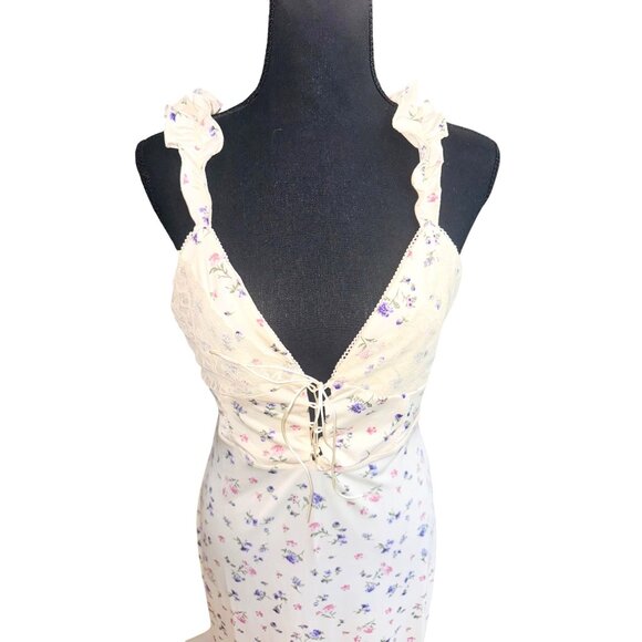 NWT Baby doll Y2K Lace Cream Floral Maxi Dress Tie Boho Chic Ruffle Forever 21 - Picture 3 of 13